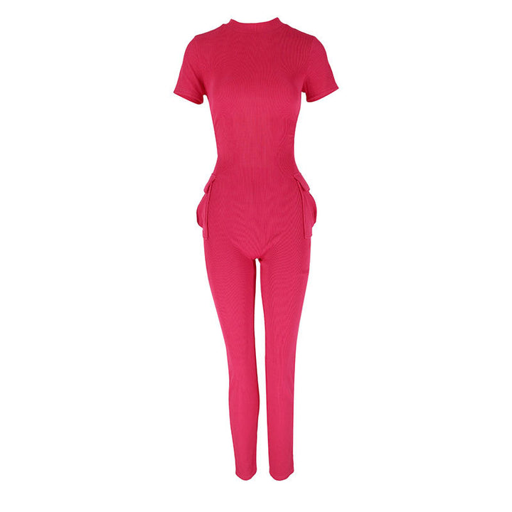 Damen figurbetontes Jumpsuit mit hohem Kragen und Seitentaschen Drune