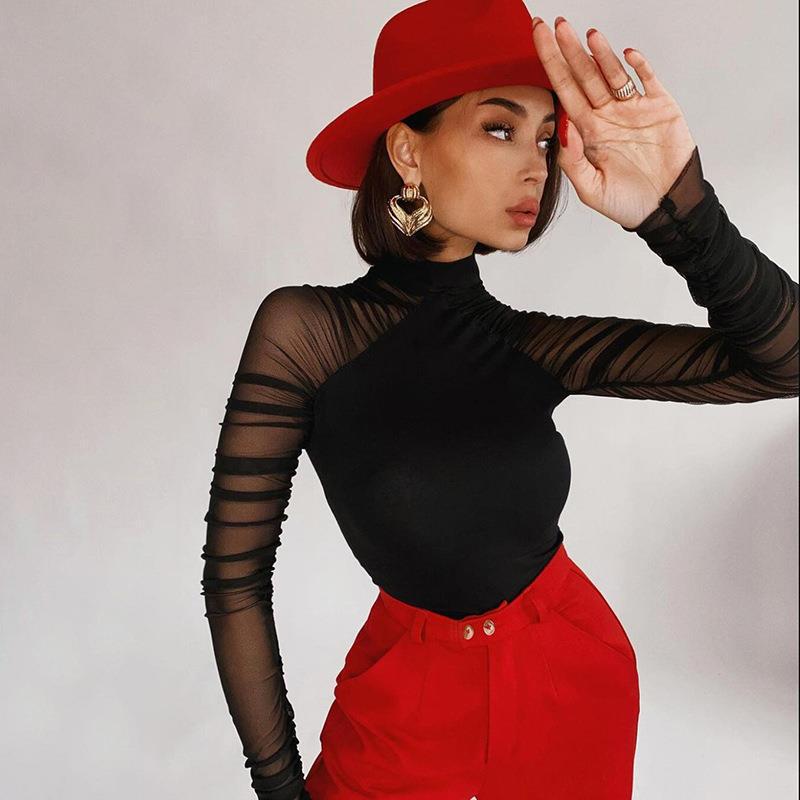 Damen Eleganter Langarm-Bodysuit mit transparenter Raffung Drune