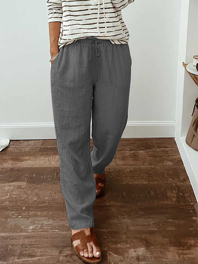 Leichte Damen-Leinenoptik-Hose mit elastischem Kordelzug, Fronttaschen und weitem Bein Drune