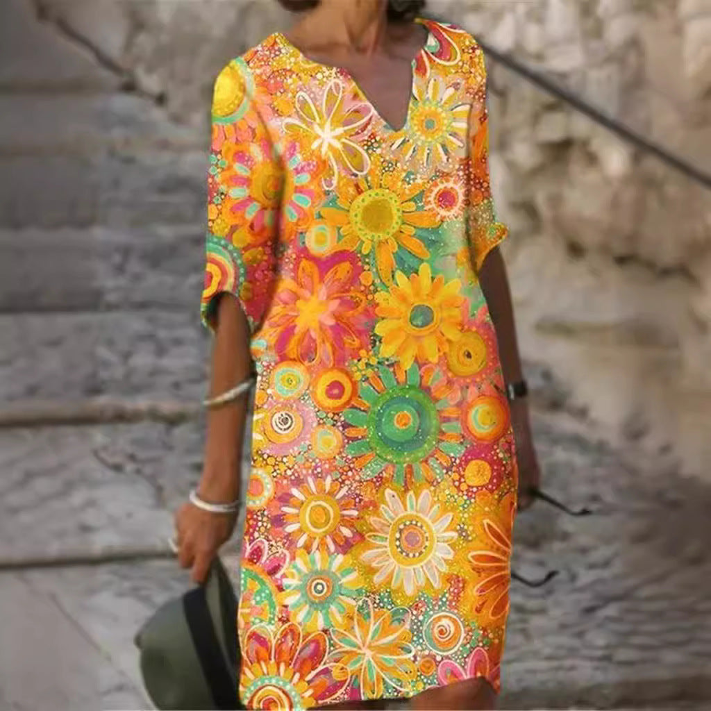 Damen lässiges Freizeitkleid mit floralen Mustern und V-Ausschnitt Drune