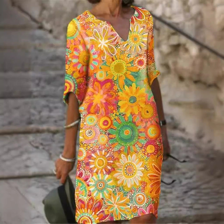 Damen lässiges Freizeitkleid mit floralen Mustern und V-Ausschnitt Drune