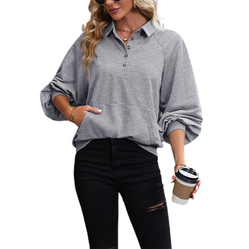 Damen Polokragen-Sweatshirt mit Knopfleiste, Raglanärmeln und Kängurutasche Drune