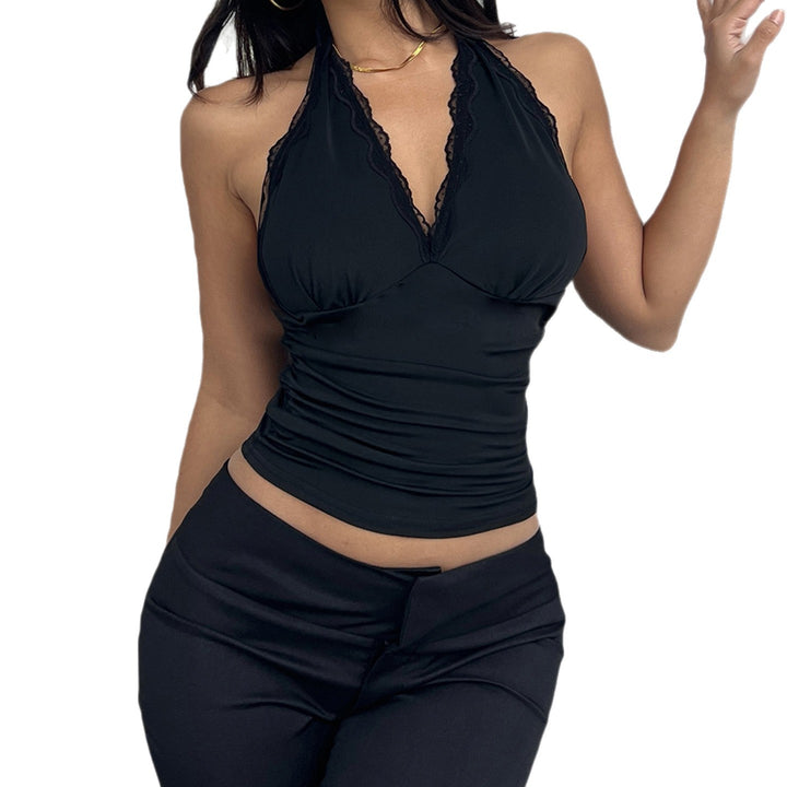 Damen Elegantes Haltertop mit aufregendem V-Ausschnitt und modischen Spitzenakzenten Drune
