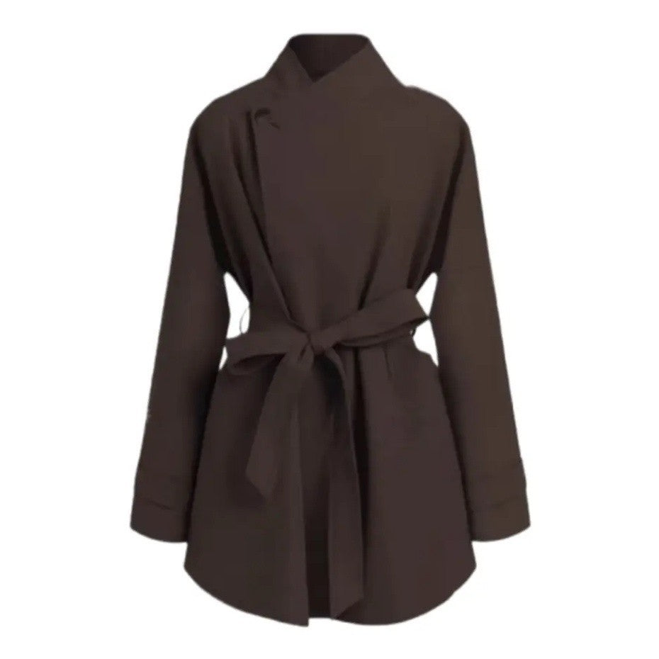 Damen Oversized Wickelbluse mit Stehkragen und Bindegürtel Drune