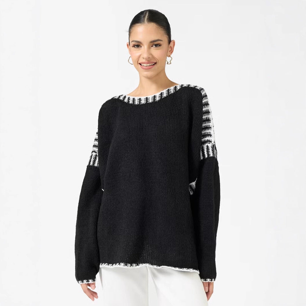 Damen Oversize Grobstrickpullover mit Kontraststreifen an Schultern und Saum Drune