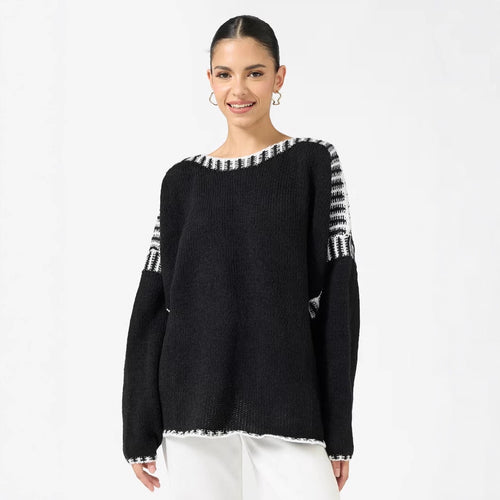 Damen Oversize Grobstrickpullover mit Kontraststreifen an Schultern und Saum Drune