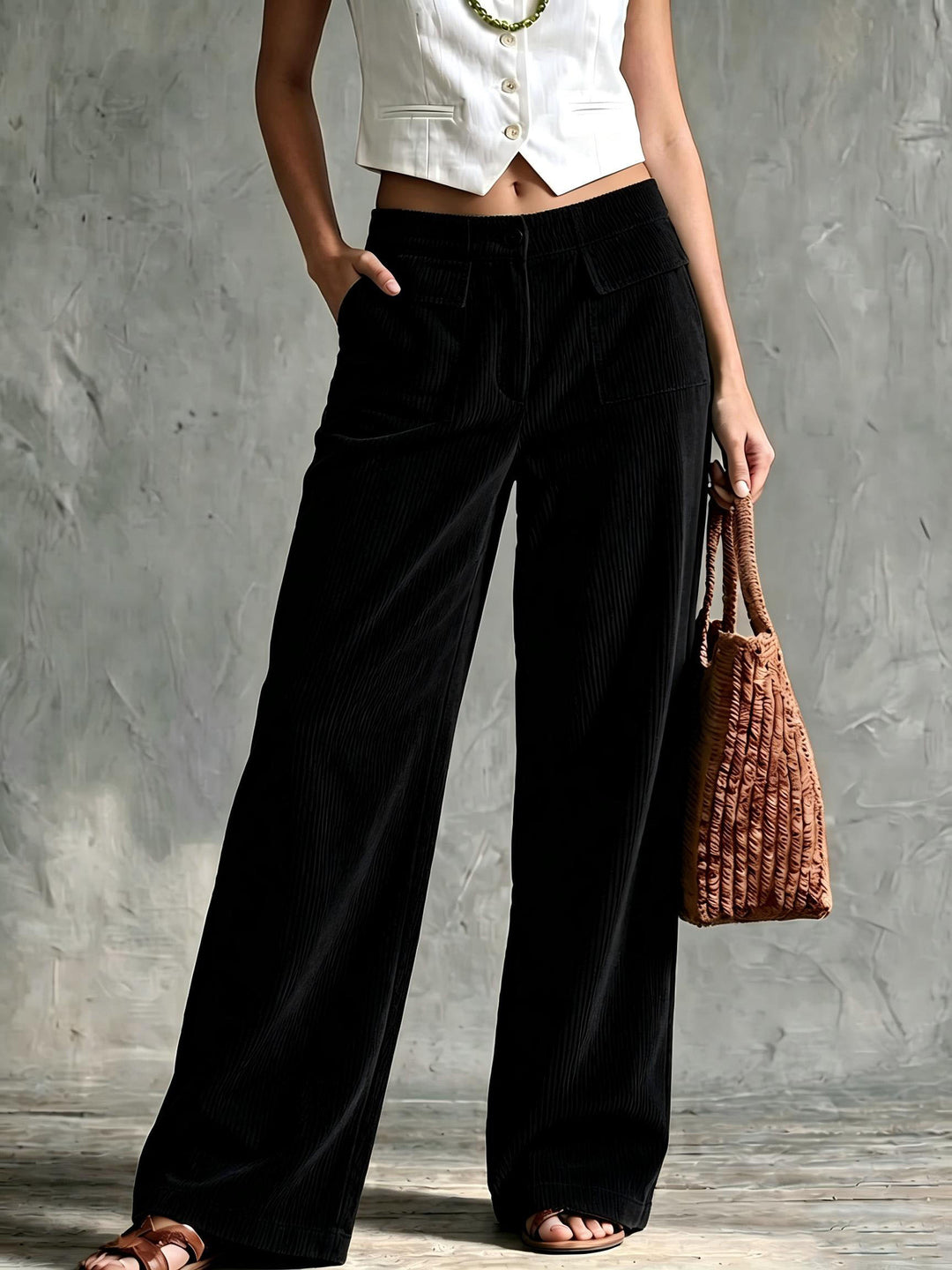 Damen Weite Cord-Palazzohose mit hoher Taille und aufgesetzten Pattentaschen Drune