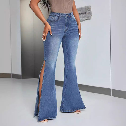 Damen elegante High-Waist Flared Jeans mit seitlichen Schlitzen Drune