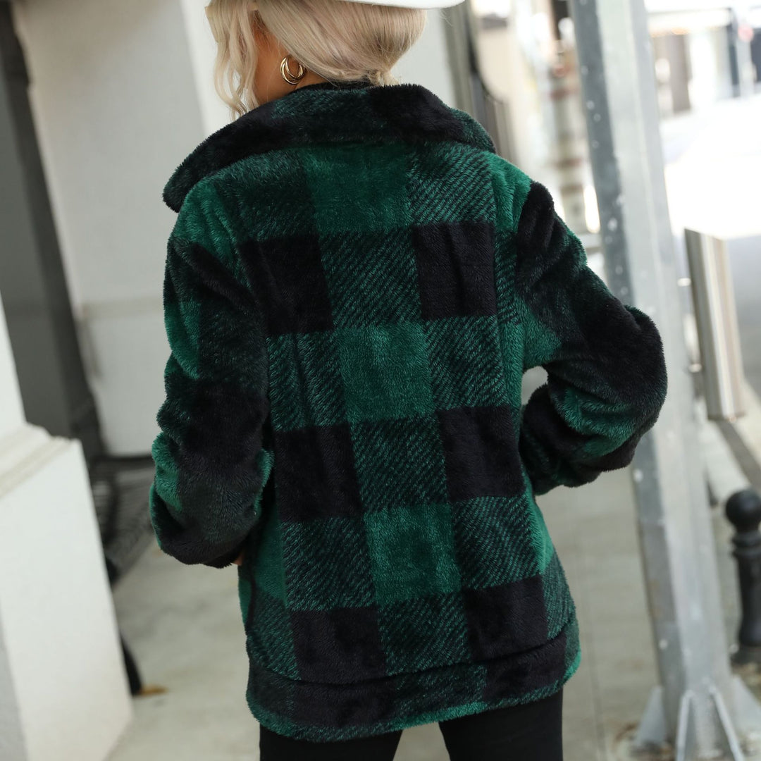 Damen Plüsch-Hoodiejacke mit trendigem Karomuster und praktischen Reißverschlusstaschen Drune