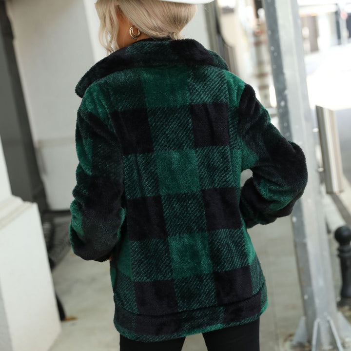 Damen Plüsch-Hoodiejacke mit trendigem Karomuster und praktischen Reißverschlusstaschen Drune
