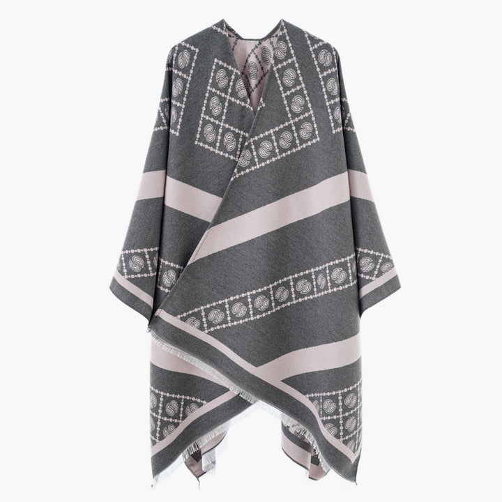 Damen Jacquard-Überwurf im Cape‑Stil mit Paisley‑Bordüre und Fransen Drune