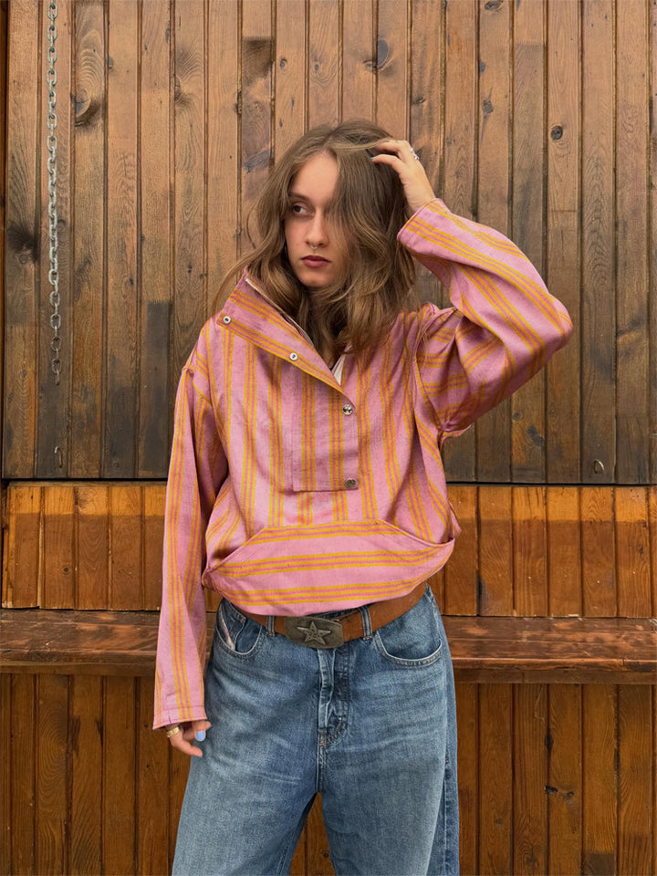 Damen Oversized Streifen-Pullover mit Halbreißverschluss, Stehkragen und Kängurutasche Drune