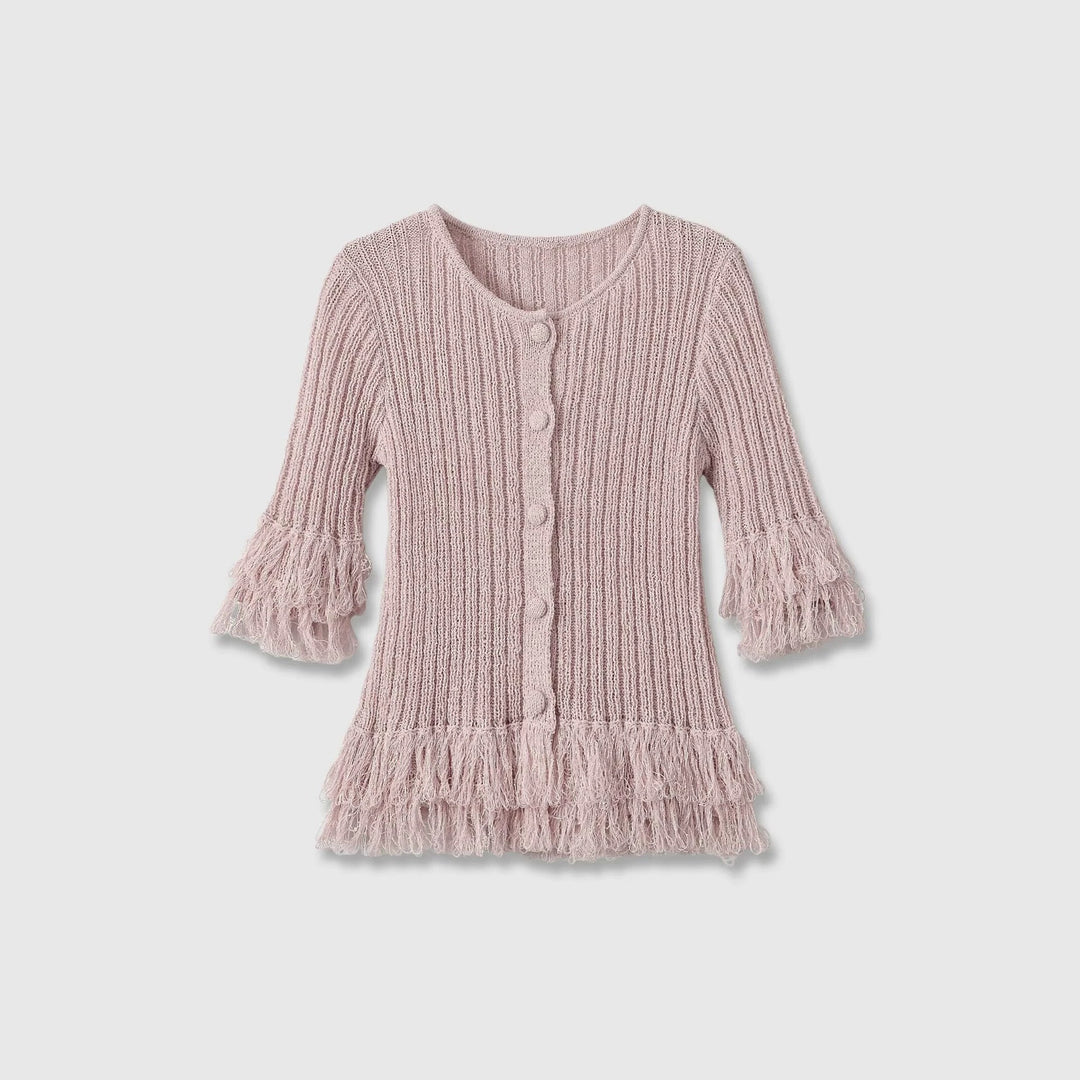 Damen Feinstrick-Cardigan mit Fransenstufen und dekorativen Kugelknöpfen Drune