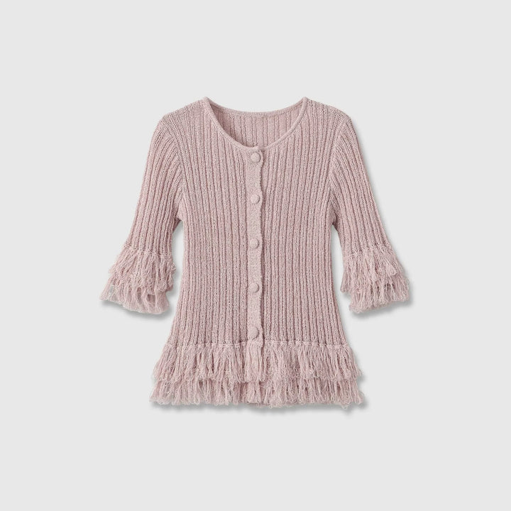 Damen Feinstrick-Cardigan mit Fransenstufen und dekorativen Kugelknöpfen Drune