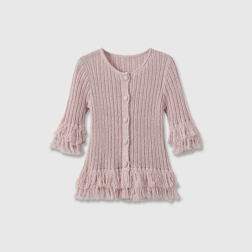 Damen Feinstrick-Cardigan mit Fransenstufen und dekorativen Kugelknöpfen Drune