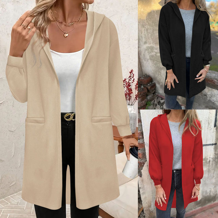 Damen Offener Longblazer mit Kapuze und Eingrifftaschen Drune