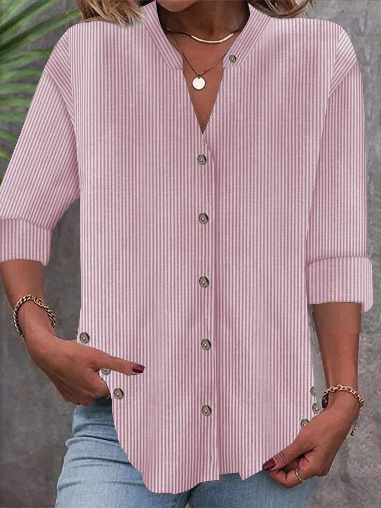 Damen Freizeit Gestreiftes Hemd Bluse mit Stehkragen, Durchgängige Knopfleiste und Roll-up 3/4 Ärmeln Drune