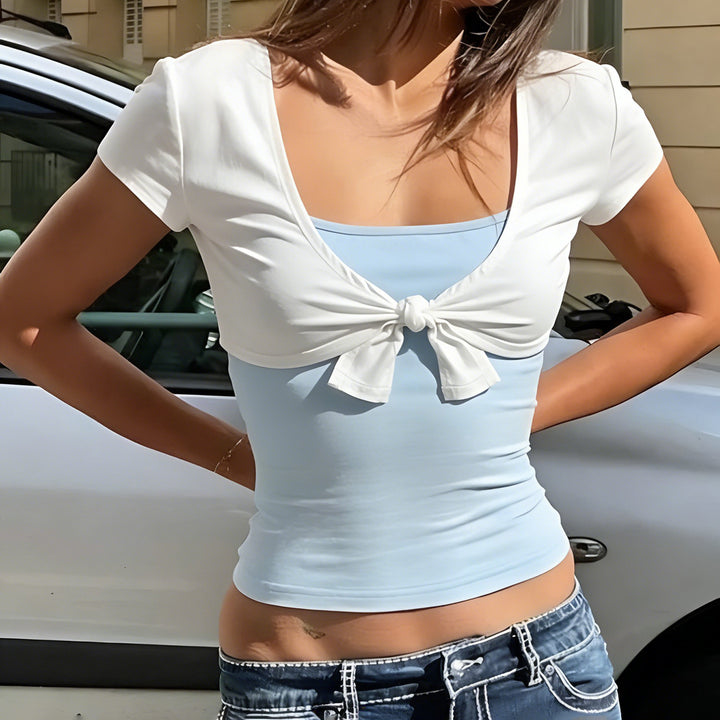 Damen lässiges Crop-Top mit verspieltem Knoten-Design und Spaghetti-Trägern Drune