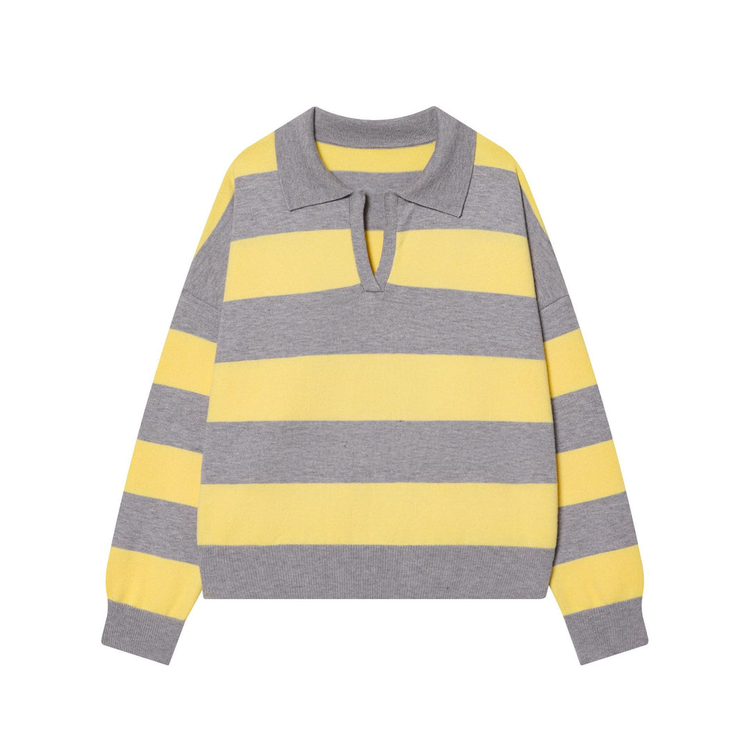 Damen nan gestreifter Rugby-Pullover mit Polokragen, offenem V‑Ausschnitt und breitem Rippbund Drune