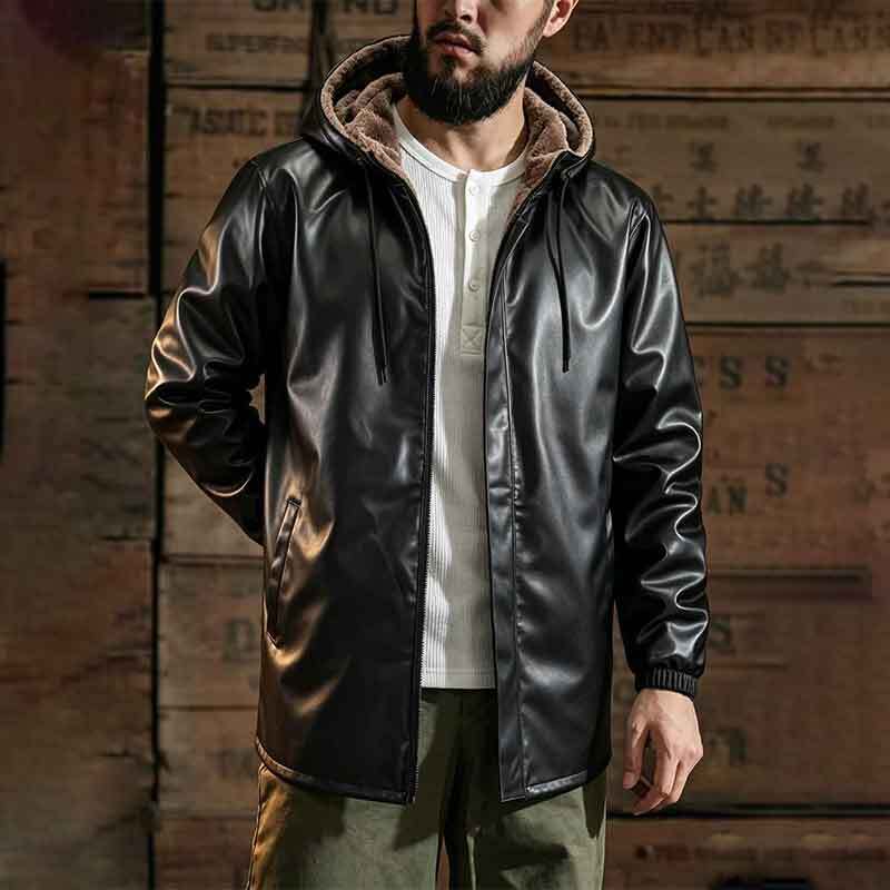 Herren Modische Kunstlederjacke mit Kapuze und Fleecefutter Drune