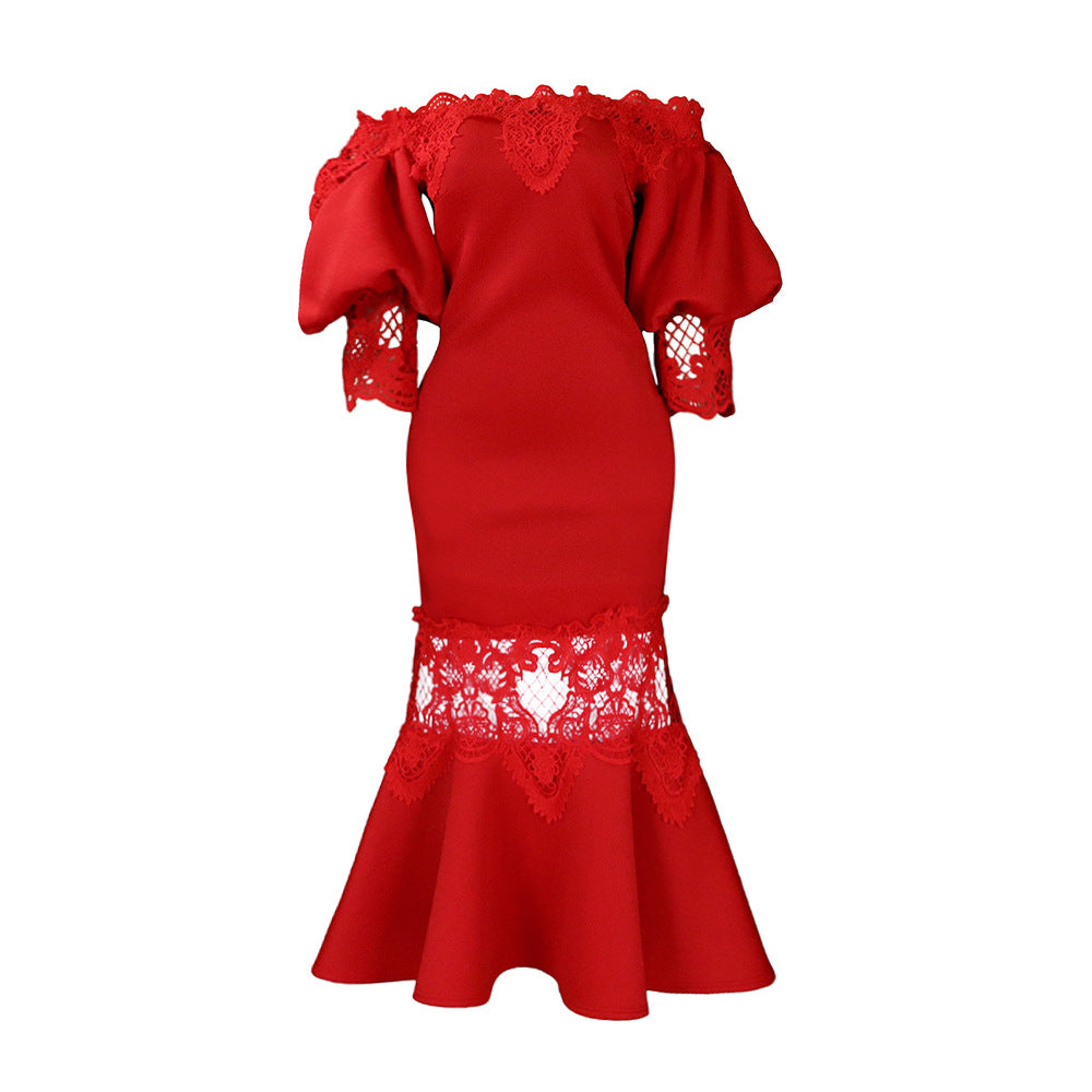Damen Bodycon Kleid mit Spitzenapplikationen und voluminösen Ärmeln Drune