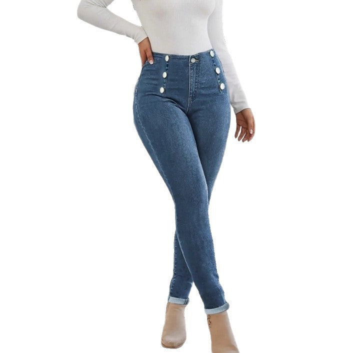 Damen Hochtaillierte, figurformende Skinny-Jeans mit doppelter Zierknopfleiste Drune