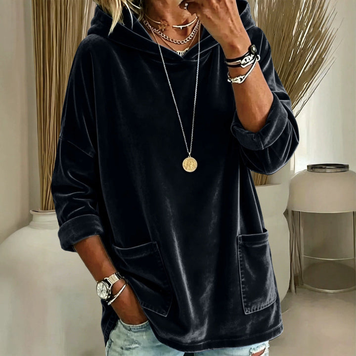 Damen Samt-Hoodie mit Kapuze, Oversize-Schnitt und aufgesetzten Taschen Drune