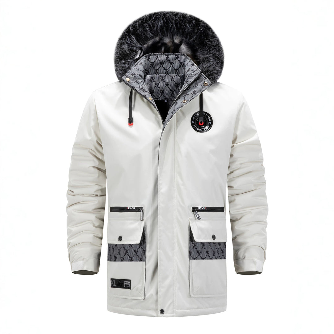 Herren Langer Thermo-Parka mit Kapuze, Logo-Innenfutter und Multifunktions-Taschen Drune