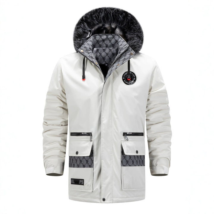 Herren Langer Thermo-Parka mit Kapuze, Logo-Innenfutter und Multifunktions-Taschen Drune