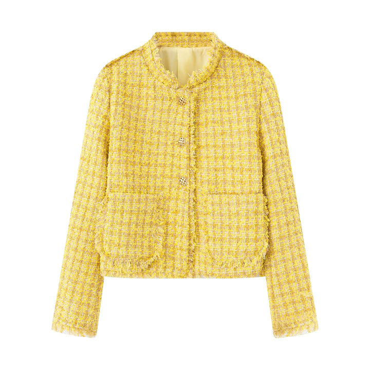 Damen nan kurze Bouclé-Tweedjacke mit goldenen Zierknöpfen, aufgesetzten Taschen und Fransenbesatz Drune