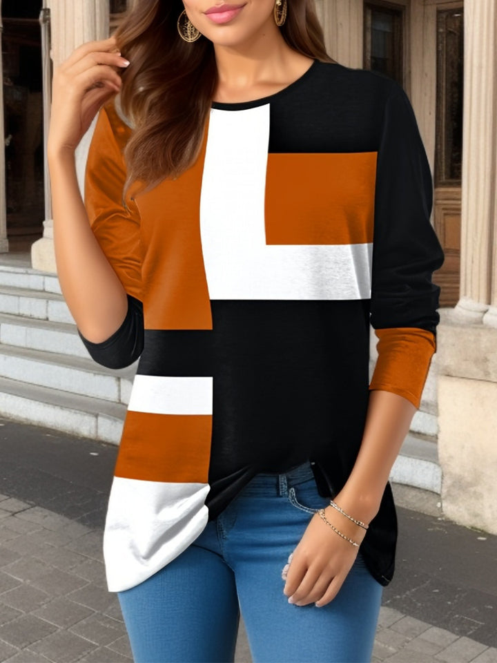 Damen nan geometrisches Colorblock Longsleeve-Tunika-Oberteil mit Rundhalsausschnitt und asymmetrischem Saum Drune