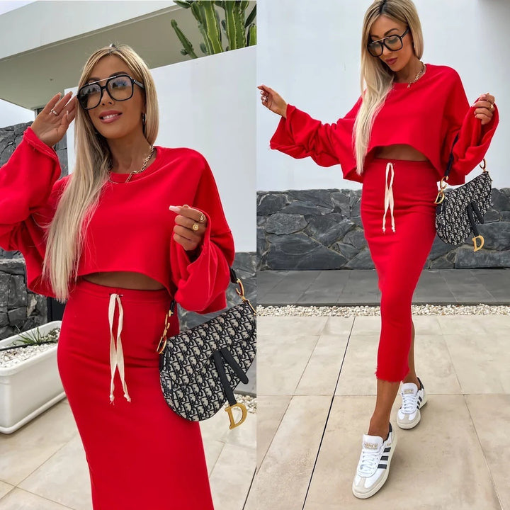Damen Cropped-Set aus langärmeliger Bluse und figurbetontem Maxi-Rock Drune