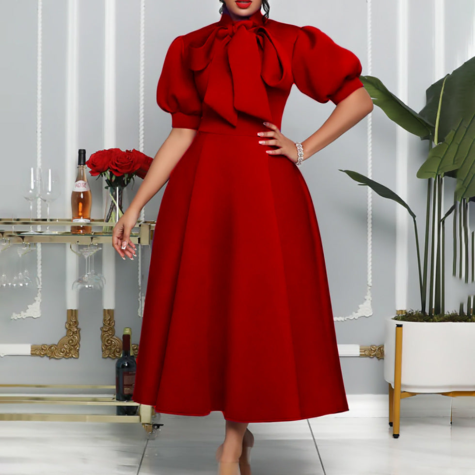 Damen Elegantes Midi-Kleid mit Puffärmeln und Bindegürtel Drune