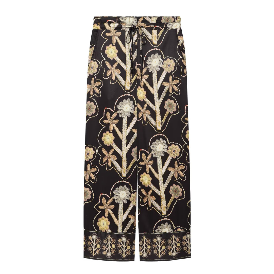 Damen Weite Satin-Hose mit floraler Stickerei, Tunnelzug und Bordürensaum Drune