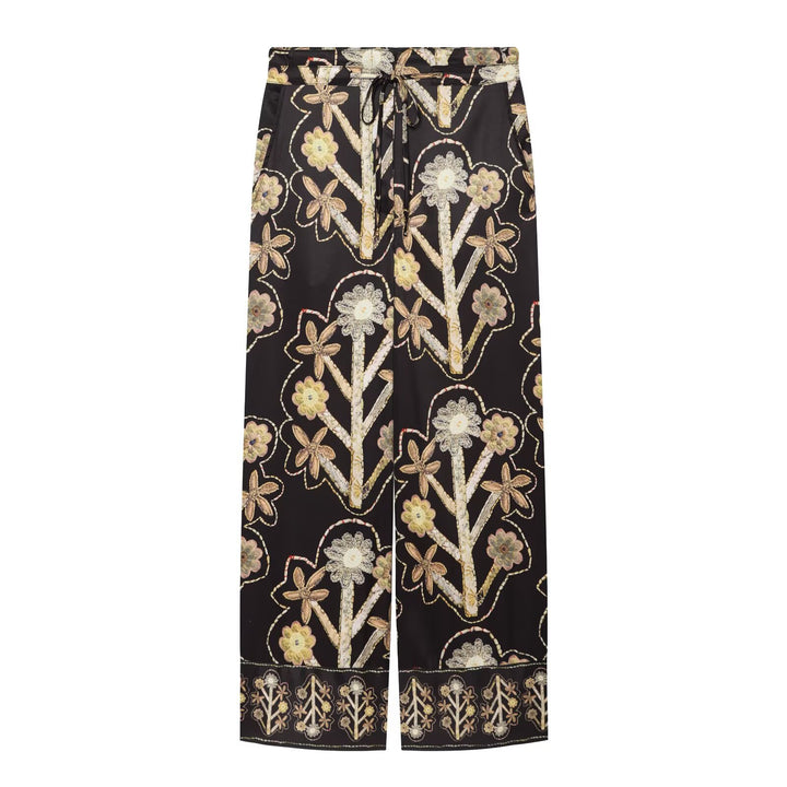 Damen Weite Satin-Hose mit floraler Stickerei, Tunnelzug und Bordürensaum Drune