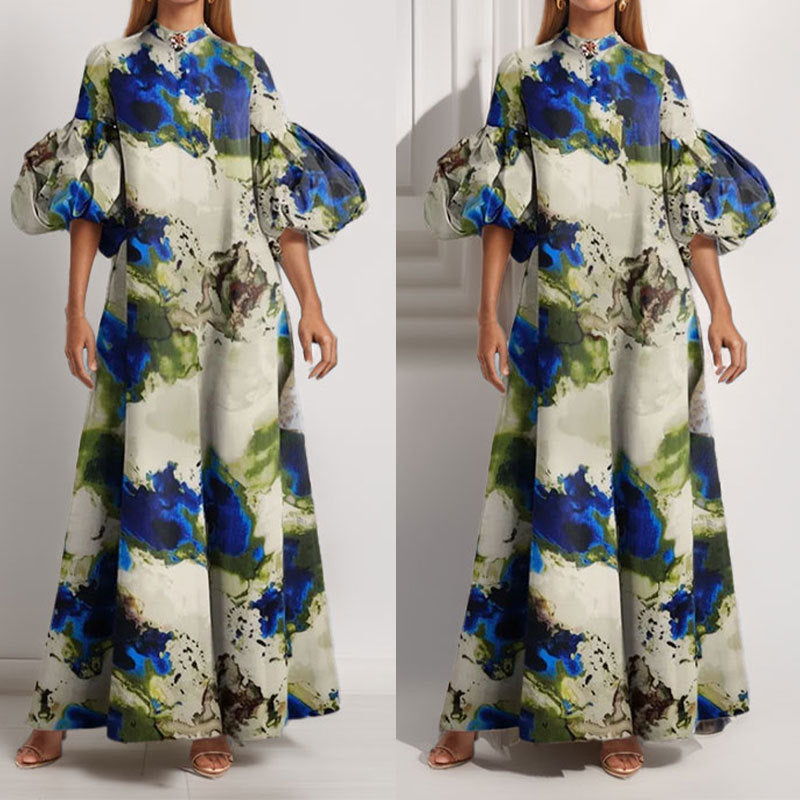 Damen Maxikleid mit voluminösen Puffärmeln und kunstvollem Farbdesign Drune