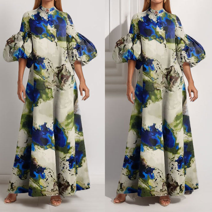 Damen Maxikleid mit voluminösen Puffärmeln und kunstvollem Farbdesign Drune