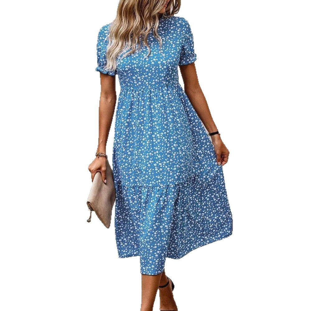 Damen nan ausgestelltes Midikleid mit hohem Rundhalsausschnitt, Puffärmeln, geraffter Empire-Taille und Stufensaum Drune