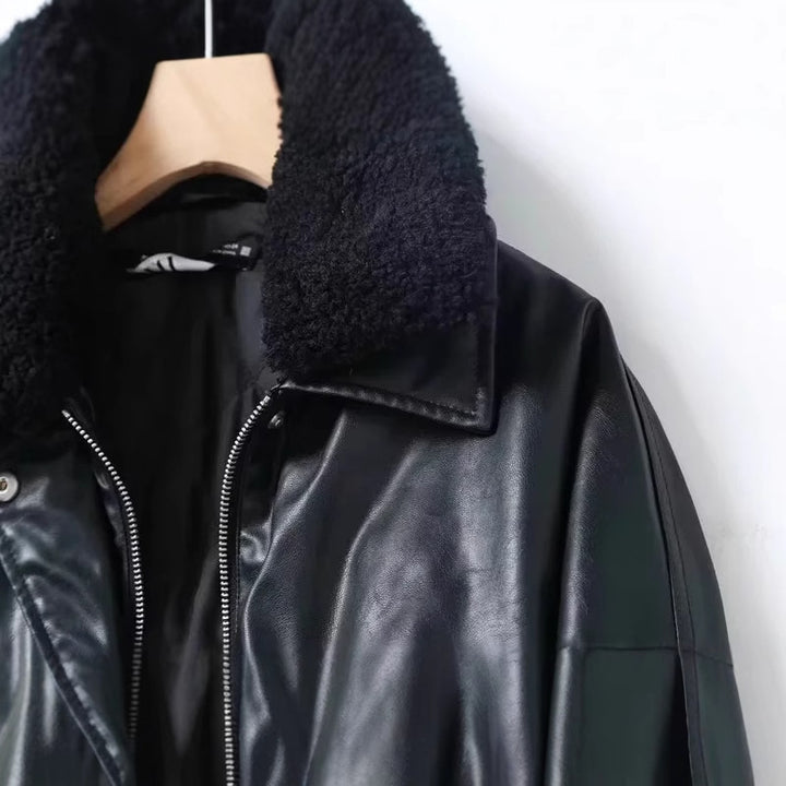 Herren nan oversize Kunstleder‑Fliegerjacke mit abnehmbarem Teddykragen, Zweiwege‑Reißverschluss und großen Pattentaschen Drune