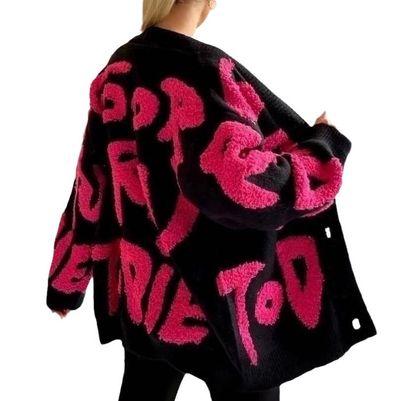 Damen Grobstrick-Cardigan mit kreativem Schriftzug und hochwertigem Material Drune