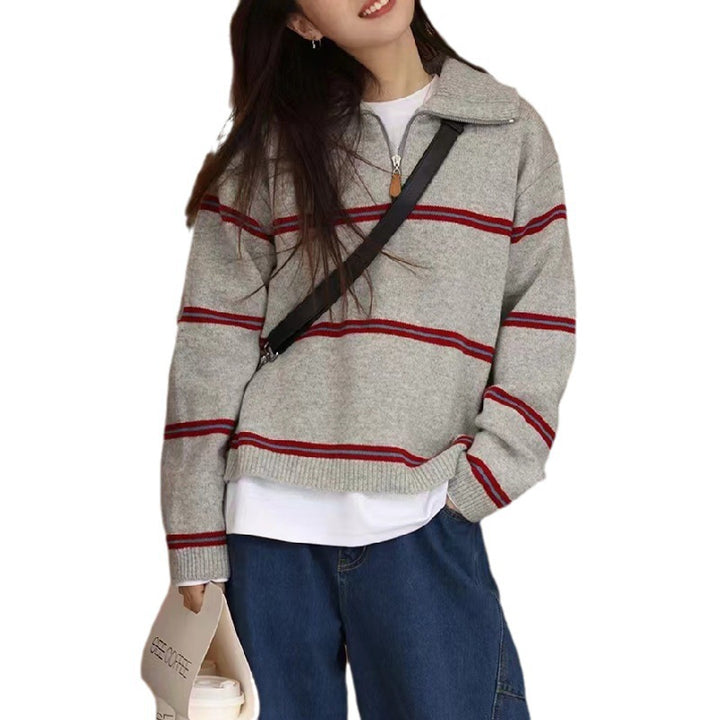 Damen lässiger Strickpullover mit modernem Reißverschluss und farblich abgesetzten Streifen Drune