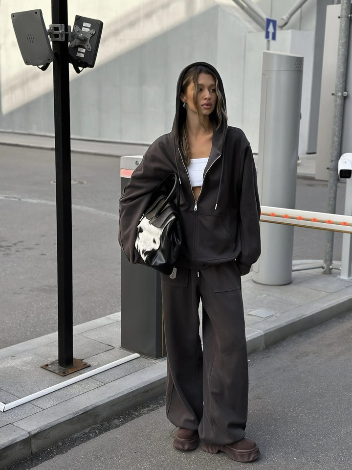 Damen oversized Kapuzenjacke mit Reißverschluss und lässiger Cargo-Loungehose Drune