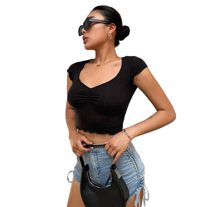 Damen cropped Oberteil mit elastischer Raffung und modischem V-Ausschnitt Drune