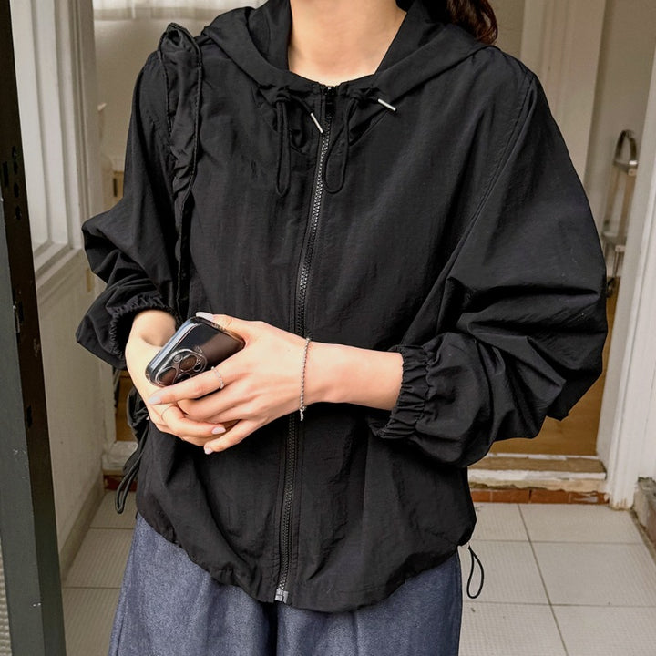 Damen lässige Windbreaker-Jacke mit verstellbarem Kordelzug Drune