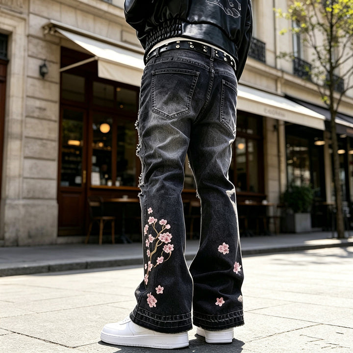 Damen Modische Flared Jeans mit Blumenstickerei Drune