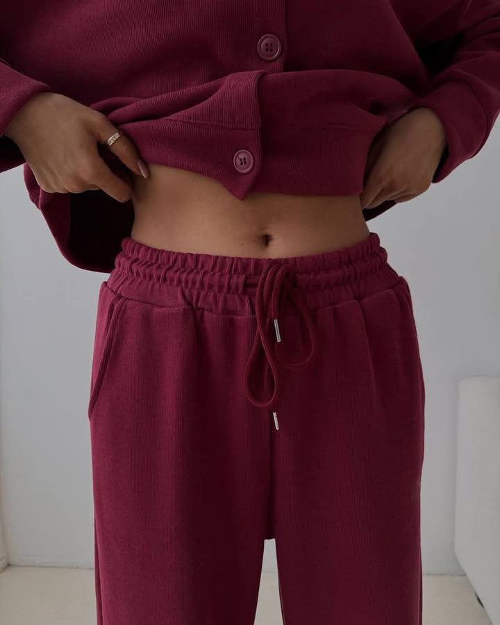 Damen geknöpftes Cropped-Lounge-Set mit Oversize-Cardigan und hochtaillierter Wide-Leg Jogginghose Drune