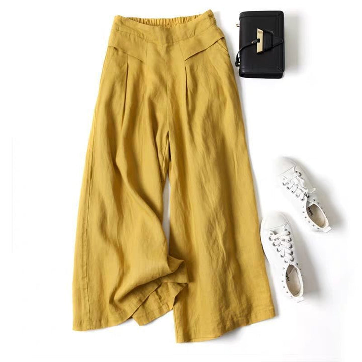 Damen Weit geschnittene Leinenhose mit hohem Bund und eleganten Falten Drune