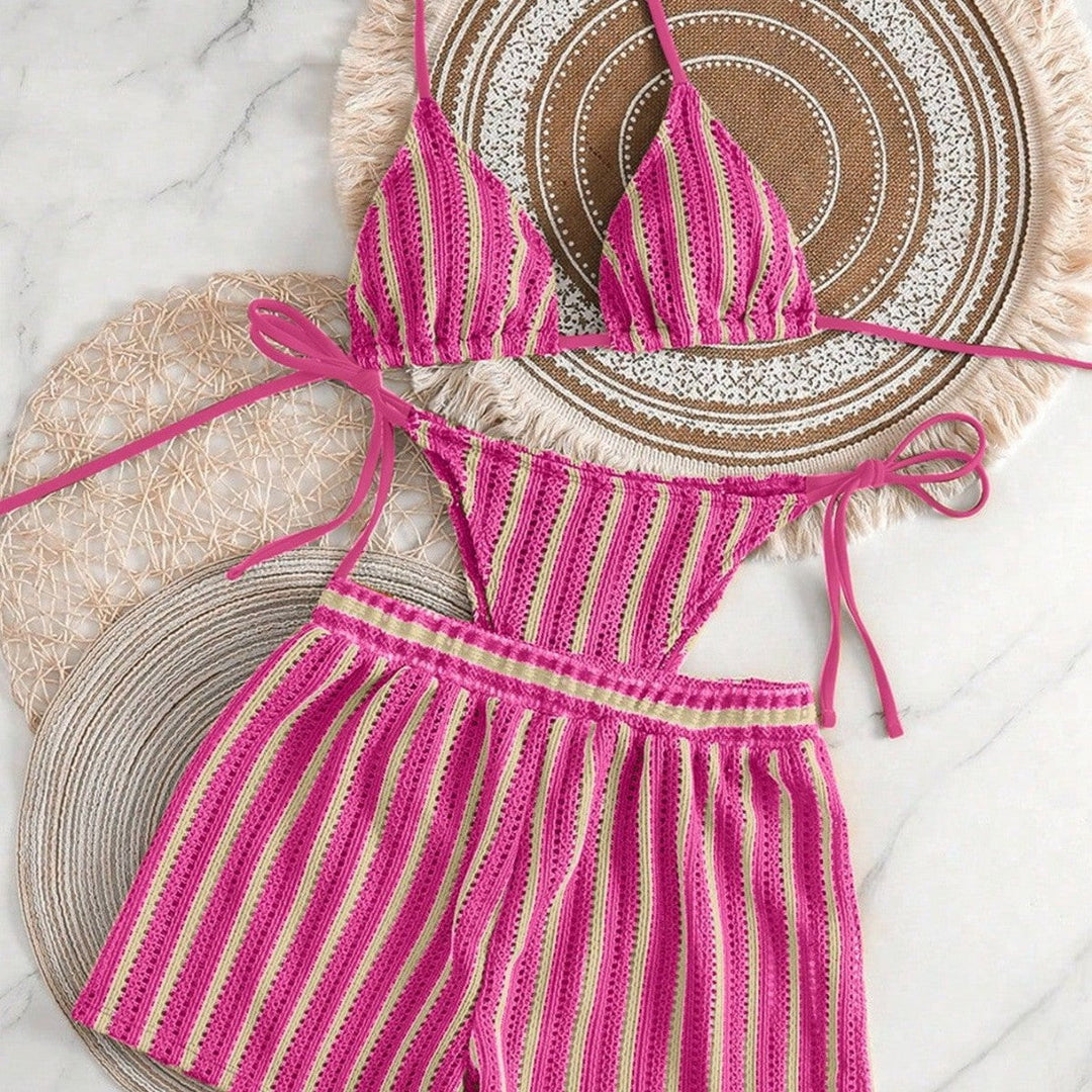 Damen Bikini-Set mit gerafftem Oberteil und hoch taillierten Shorts Drune
