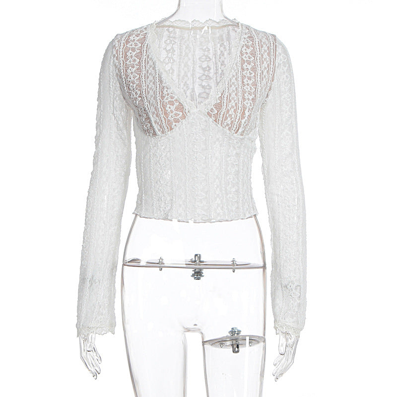 Damen Spitzenbluse mit transparentem Design und langen Ärmeln Drune