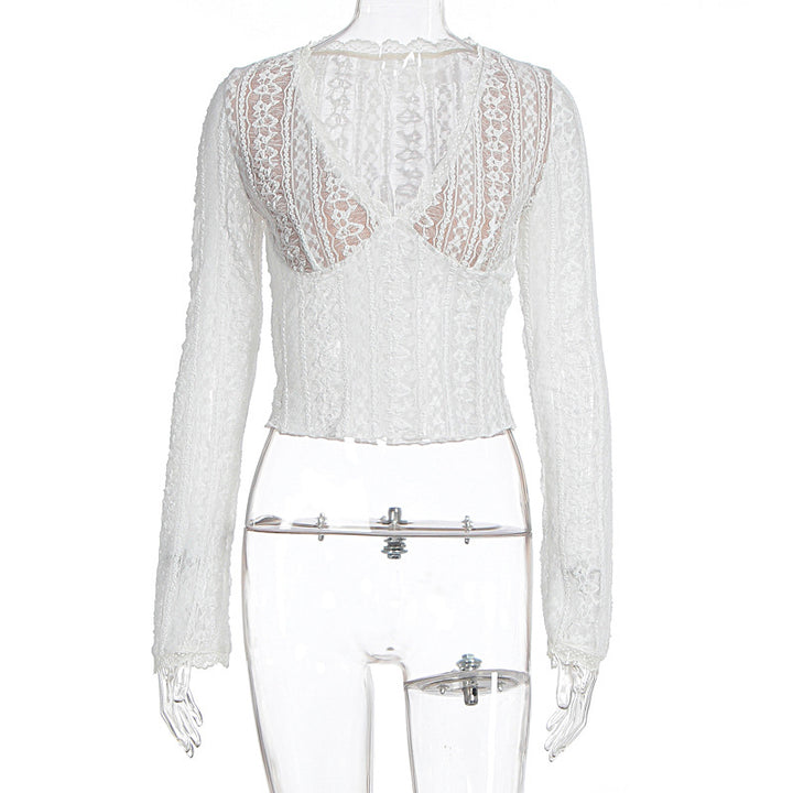 Damen Spitzenbluse mit transparentem Design und langen Ärmeln Drune